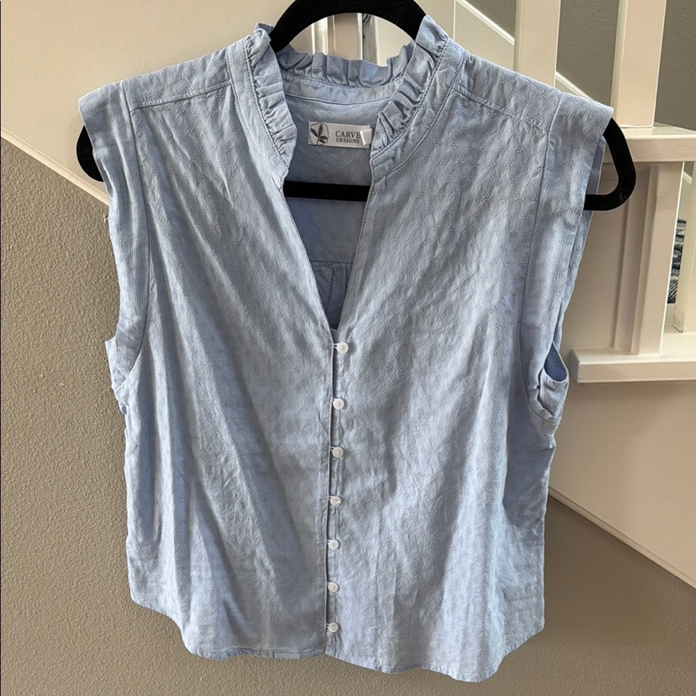 Carve Designs Pale Blue Sleeveless Ruffle Collar Button-Front Top